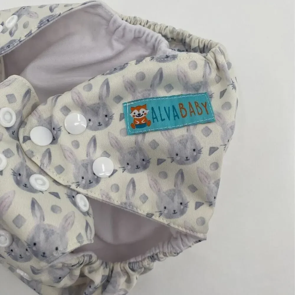 Alva Baby Diaper Covers Ivory Bunny Rabbit Adjustable Size Snaps OS